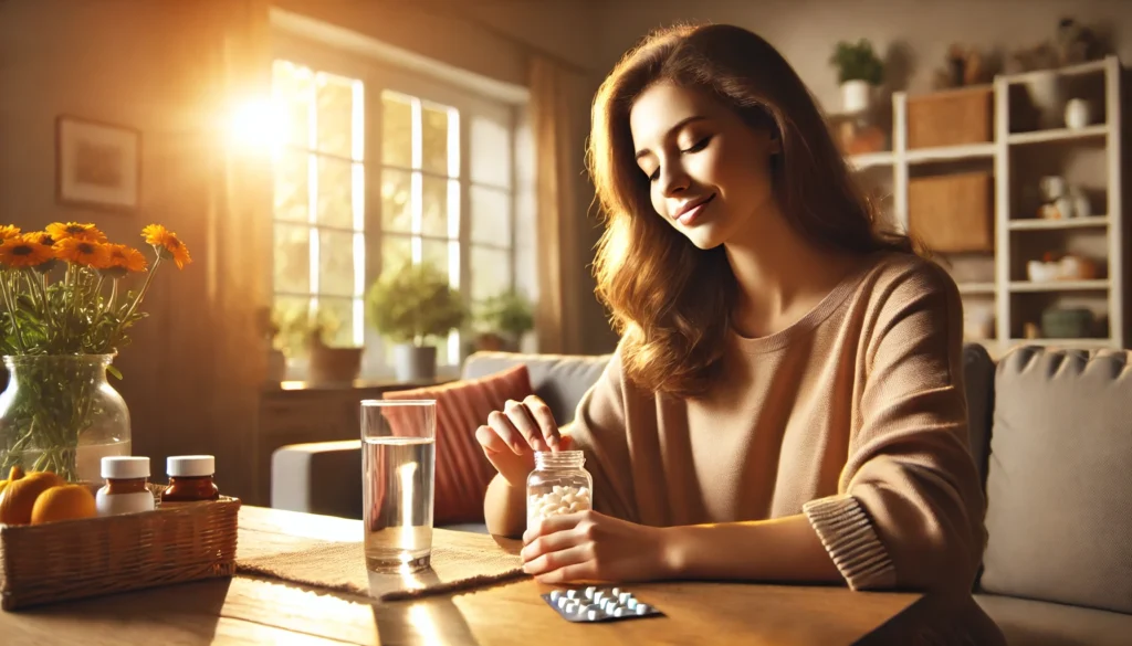 A peaceful home setting where a person takes prescribed medication with a glass of water, conveying comfort, well-being, and the benefits of the right treatment.