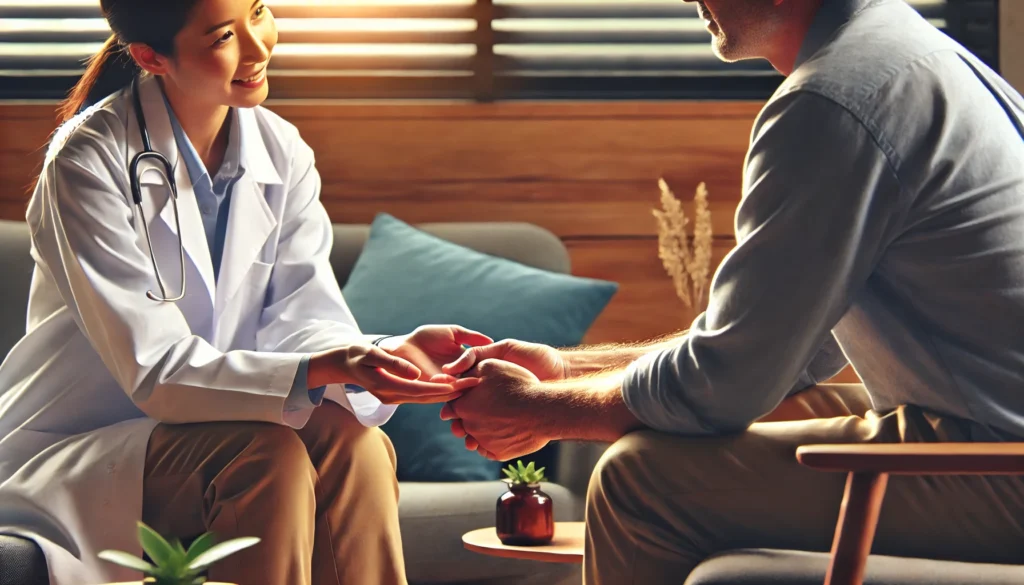 A supportive therapy session where a patient consults a professional about medication for anger management, highlighting the importance of expert guidance.
