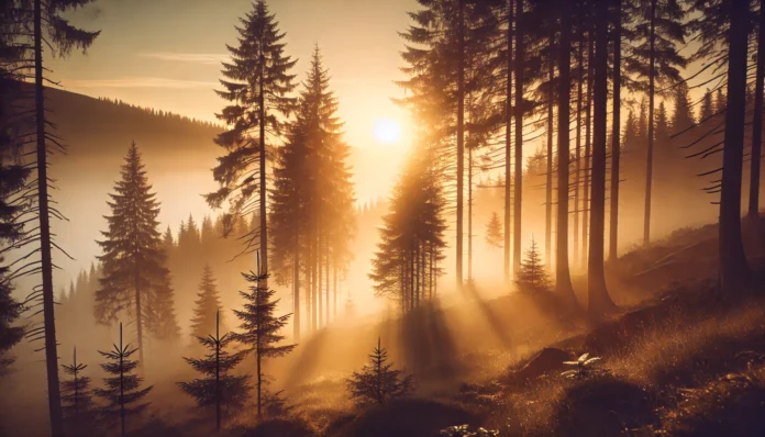 A calming misty forest at sunrise, symbolizing relief from anxiety and depression. Soft golden light filters through the trees, creating a peaceful atmosphere.
