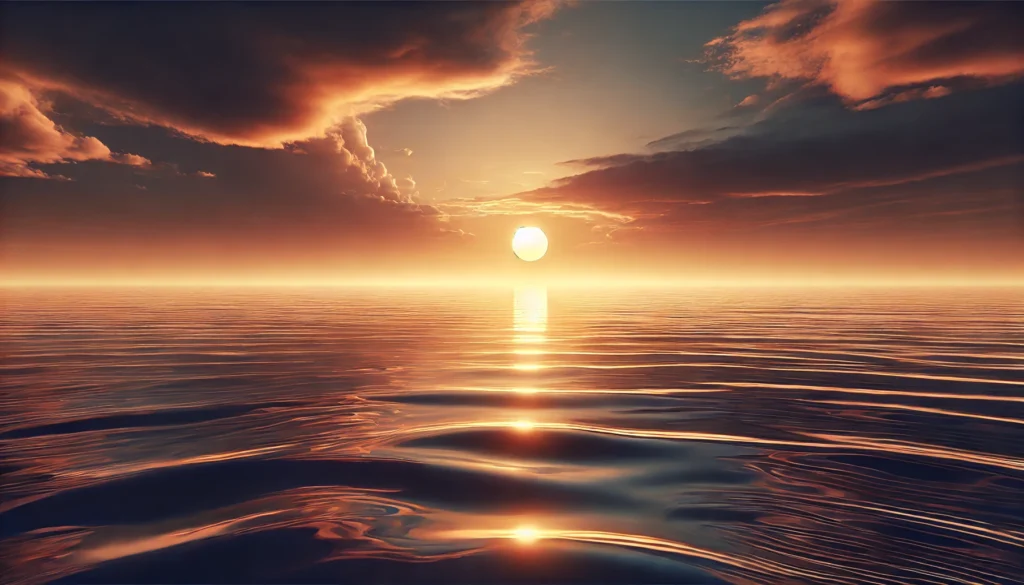 A serene ocean view at sunset, representing emotional stability and relief from depression and anxiety. The calm water reflects the warm hues of the sky, creating a soothing effect.