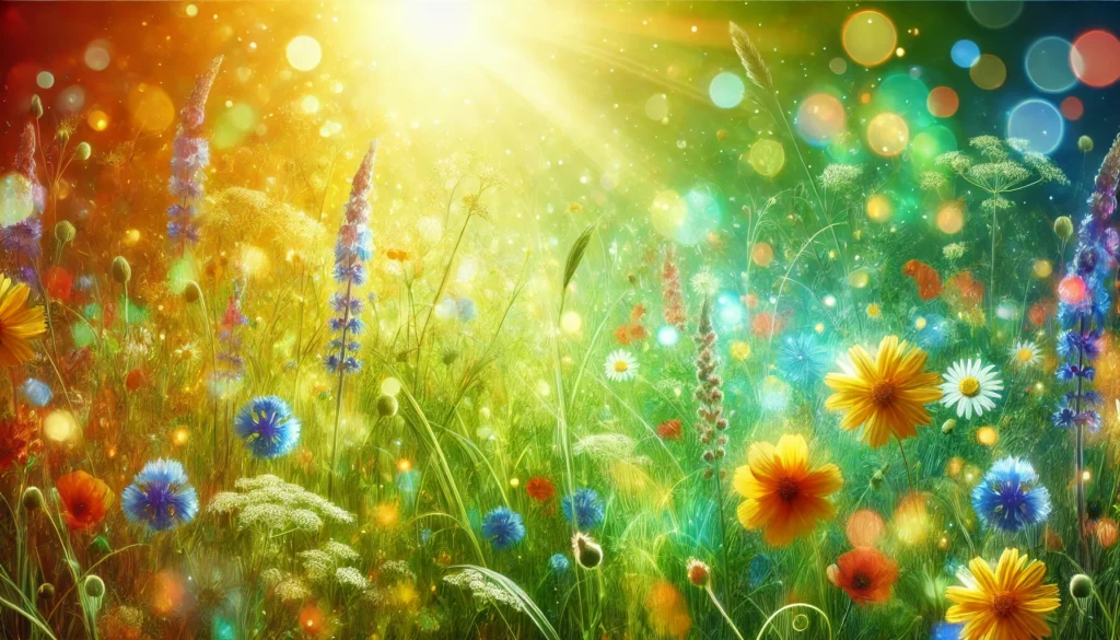 A vibrant green meadow filled with wildflowers, symbolizing renewal, healing, and emotional well-being. The bright sunlight enhances the colors, creating a warm and uplifting atmosphere.