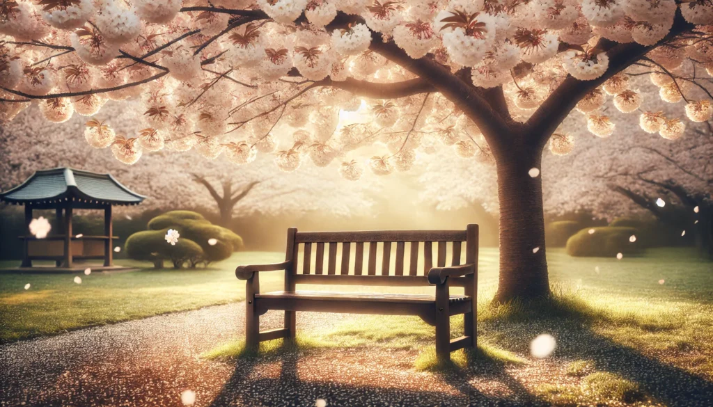 A peaceful park with a wooden bench under a blooming cherry blossom tree, symbolizing relaxation, tranquility, and emotional well-being. Soft petals fall in the breeze, creating a comforting and soothing atmosphere.