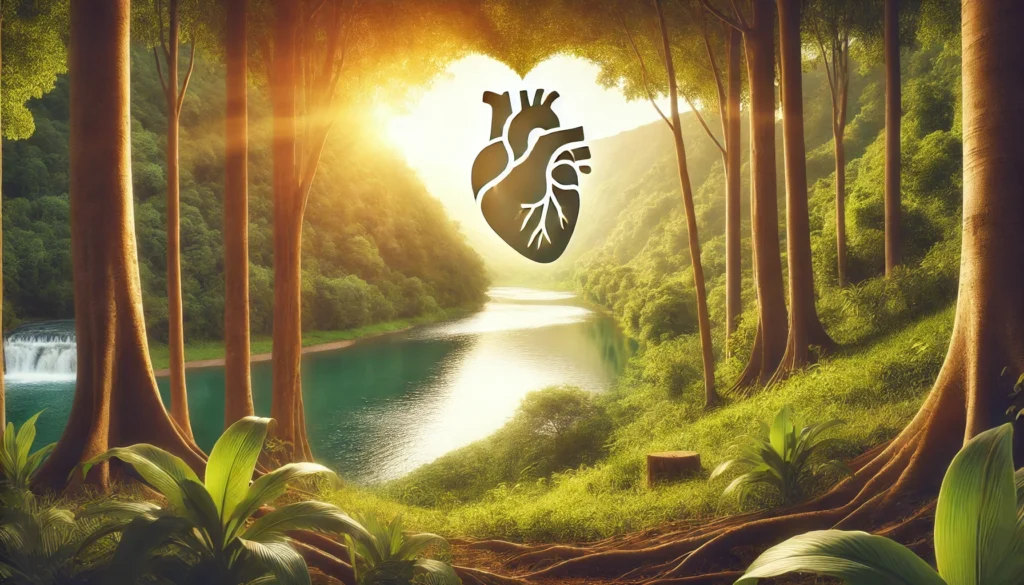 A serene landscape featuring a lush green forest and a peaceful river, illuminated by golden sunlight, symbolizing natural stress relief and heart health.