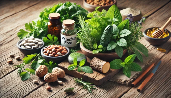 A close-up of fresh herbs and natural supplements such as valerian root, leafy greens, and omega-3-rich nuts on a rustic wooden table, representing natural beta blockers.