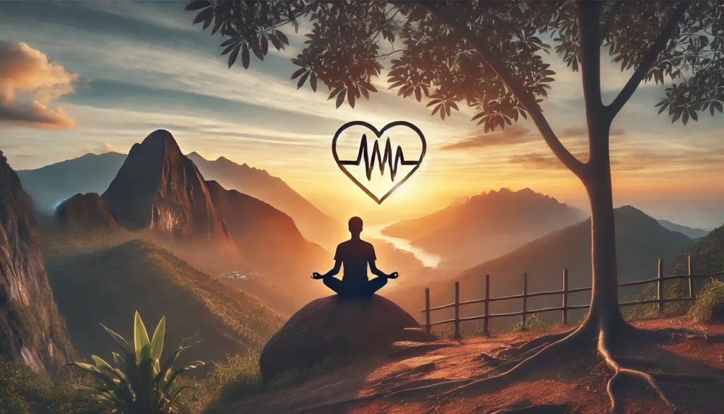 A serene landscape featuring a lush green forest and a peaceful river, illuminated by golden sunlight, symbolizing natural stress relief and heart health.
