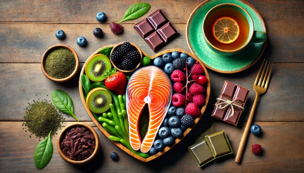 A vibrant bowl of heart-healthy foods including salmon, berries, dark chocolate, and green tea, arranged on a wooden table, showcasing natural ways to manage anxiety.