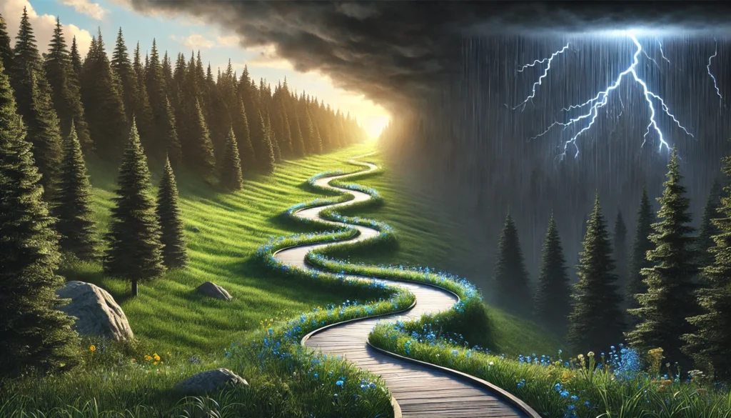 A metaphorical representation of antidepressant effectiveness over time, featuring a winding path that starts in a dark, stormy forest and gradually leads to a bright, sunny meadow, symbolizing recovery.