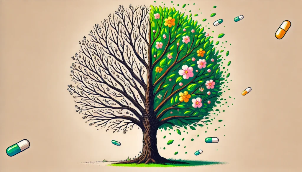 A symbolic illustration of a blooming tree representing the gradual effect of antidepressants, transitioning from barren branches on one side to lush green leaves and flowers on the other.