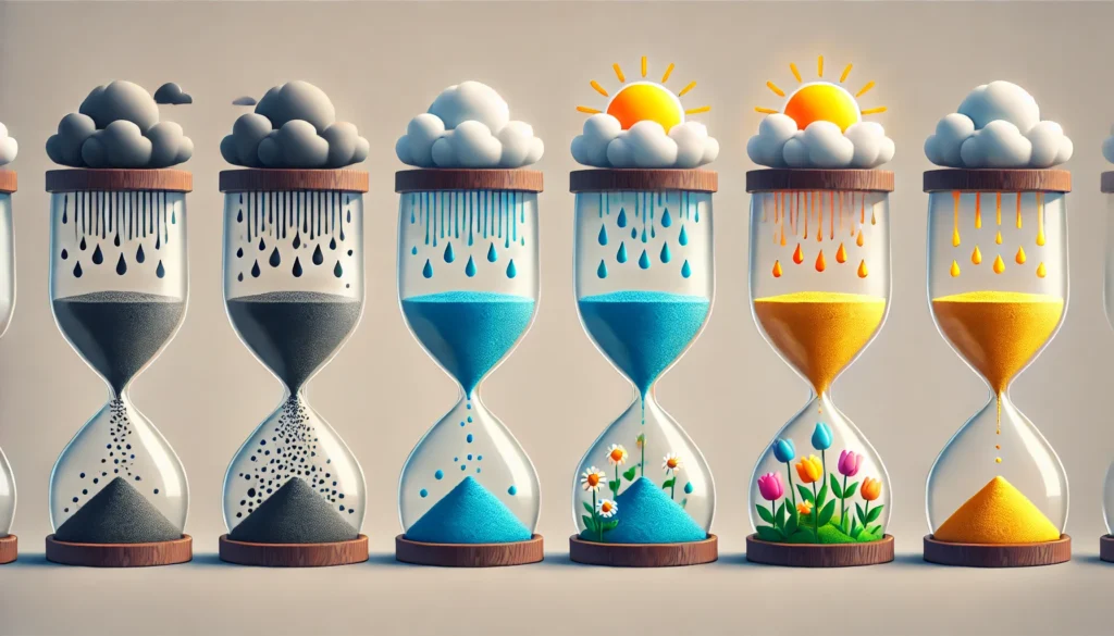 A conceptual visualization using hourglasses, each containing different elements, from dark clouds and rain in the first to bright sunlight and flowers in the last, illustrating gradual emotional improvement