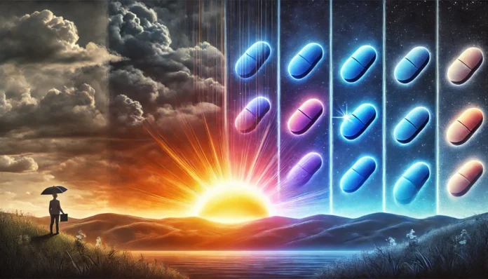 A conceptual image showing a rising sun over a landscape, symbolizing hope and the gradual effects of antidepressants. The sky transitions from dark blue with storm clouds to a bright, warm sunrise, illustrating emotional recovery over time. Let me know if you need further refinements!