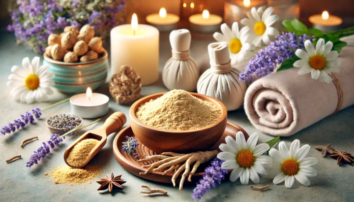 A serene wellness scene featuring ashwagandha roots and powder in a wooden bowl, surrounded by calming natural elements like lavender, chamomile, and soft candlelight. The background is blurred to evoke relaxation.