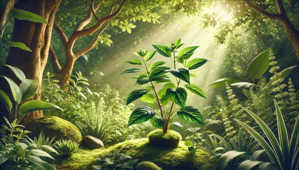 A peaceful nature-inspired setting with ashwagandha plants growing in a lush green environment. Sunlight filters through the leaves, creating a warm, healing atmosphere that highlights the plant’s natural beauty.