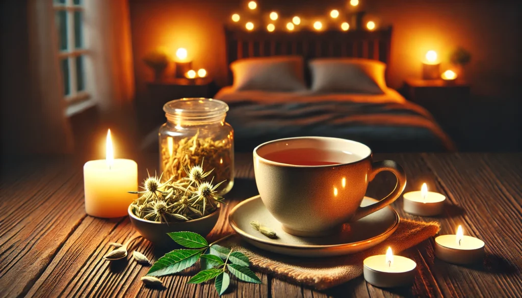 A calming nighttime scene featuring a cup of herbal tea infused with ashwagandha, placed on a wooden table with a cozy ambiance. Soft candlelight and a warm, dimly lit background evoke relaxation and stress relief.