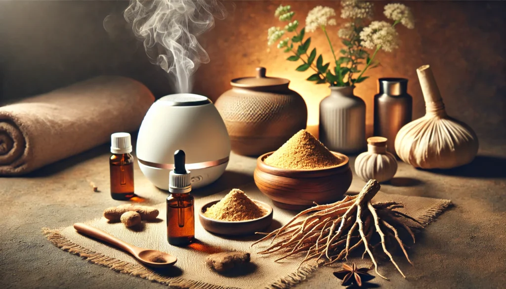 A relaxing spa-like setting with ashwagandha powder and roots arranged next to essential oils and a diffuser emitting gentle mist. The soft lighting and earthy tones create a tranquil atmosphere, emphasizing ashwagandha’s role in stress relief and holistic wellness.