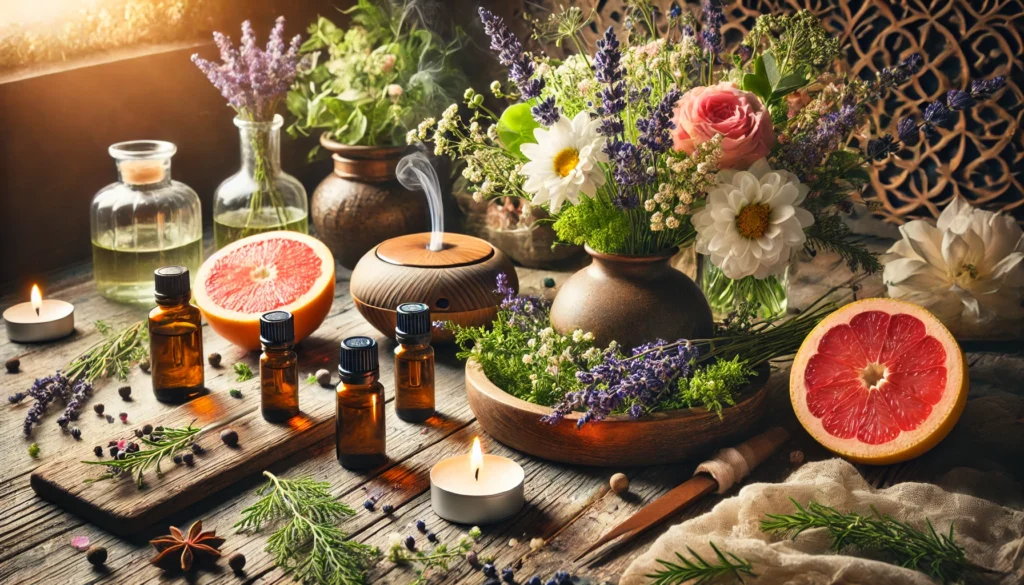 A rustic wooden table adorned with lavender, grapefruit, and black pepper essential oils, surrounded by fresh flowers and herbs. A softly glowing candle and an aromatic diffuser create a balanced and invigorating environment.