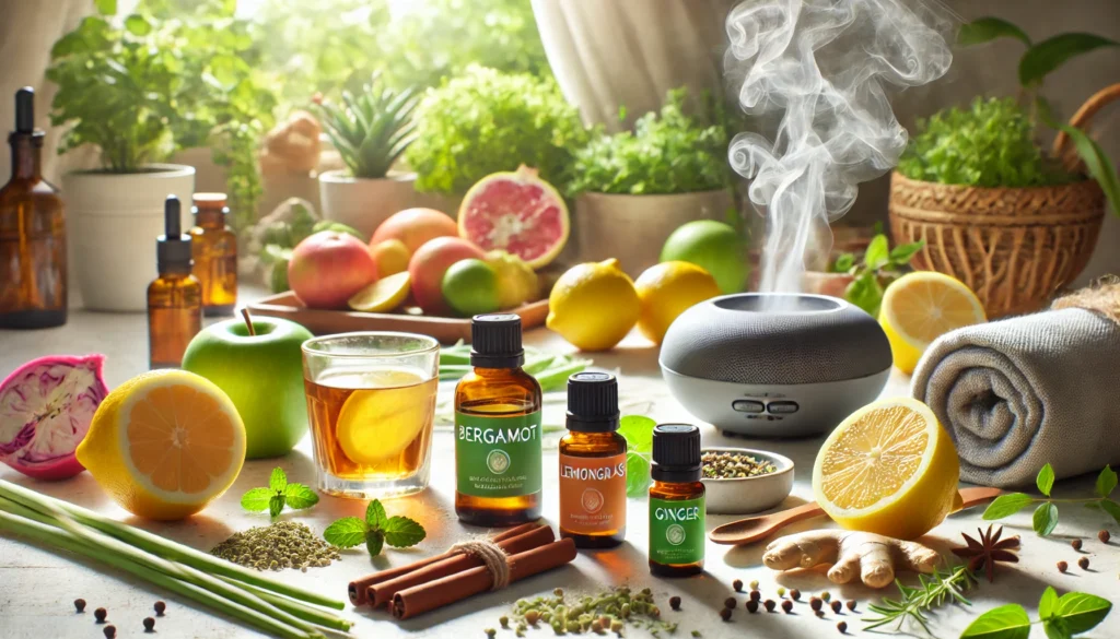 A refreshing morning setup featuring bergamot, lemongrass, and ginger essential oils alongside fresh herbs and citrus fruits. Steam rises from a diffuser near a yoga mat and herbal tea, creating an atmosphere of vitality and wellness.