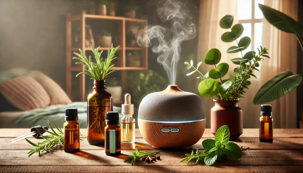 An energizing workspace scene with rosemary, peppermint, and eucalyptus essential oils placed on a wooden surface with fresh herbs. A sleek diffuser releases a fine mist in a bright, cozy home office, promoting focus and motivation.