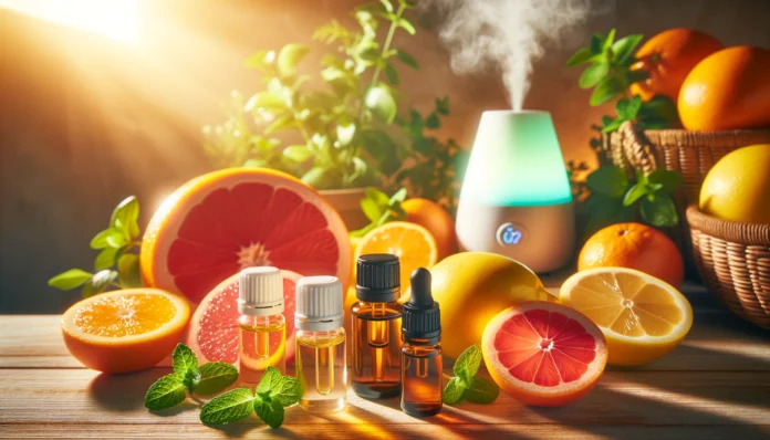 A vibrant display of citrus essential oils, including orange, lemon, and grapefruit, arranged with fresh fruits and mint leaves in a well-lit setting. A diffuser emits a soft mist in the background, enhancing the refreshing and uplifting ambiance.