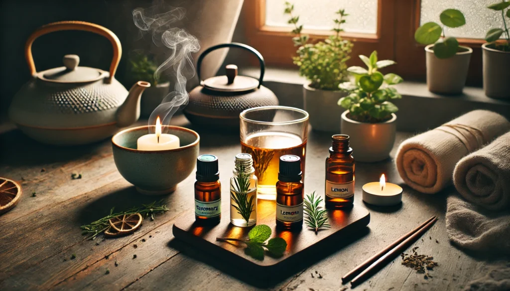 A desk with small glass bottles of rosemary, peppermint, and lemon essential oils, alongside a steaming cup of herbal tea and a lit candle. Soft natural light from a nearby window enhances the calm yet revitalizing atmosphere.
Let me know if you need any further adjustments!