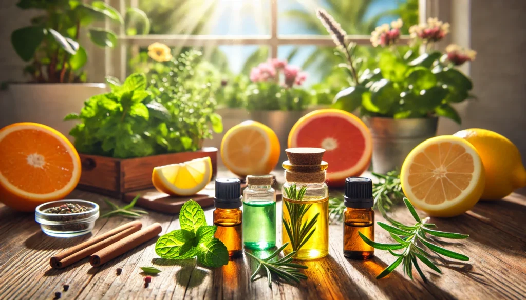 A sunlit wooden countertop holds small glass bottles of peppermint, lemon, and rosemary essential oils with fresh herbs and citrus slices. Sunlight streaming in highlights the fresh and energizing essence.