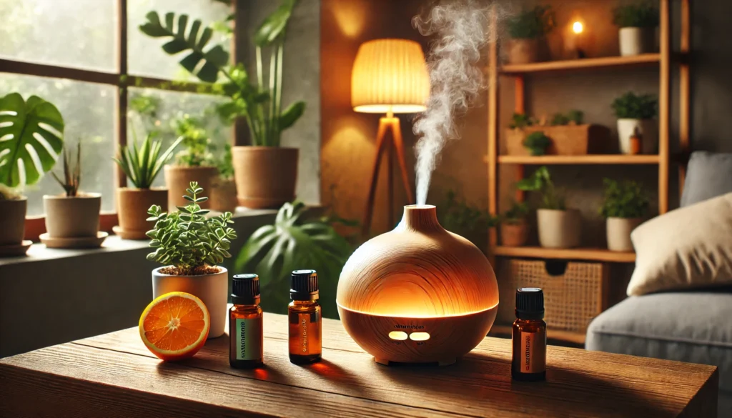 A wooden diffuser emits a fine mist next to small bottles of orange, peppermint, and bergamot essential oils. The setting includes a glowing lamp and indoor plants, providing warmth and invigoration.