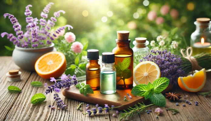 A wooden table with glass bottles of lavender, peppermint, and citrus essential oils surrounded by fresh herbs and flowers. A soft glowing light enhances relaxation and energy renewal, with a blurred nature background.