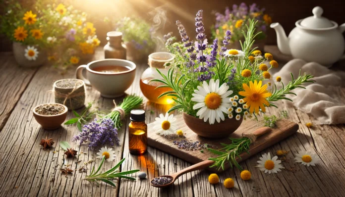A serene composition of fresh mood-boosting herbs, including lavender, chamomile, rosemary, and St. John's Wort, arranged on a rustic wooden table with warm sunlight streaming in. A steaming herbal tea cup and essential oils in the background add to the atmosphere of relaxation and natural healing.
