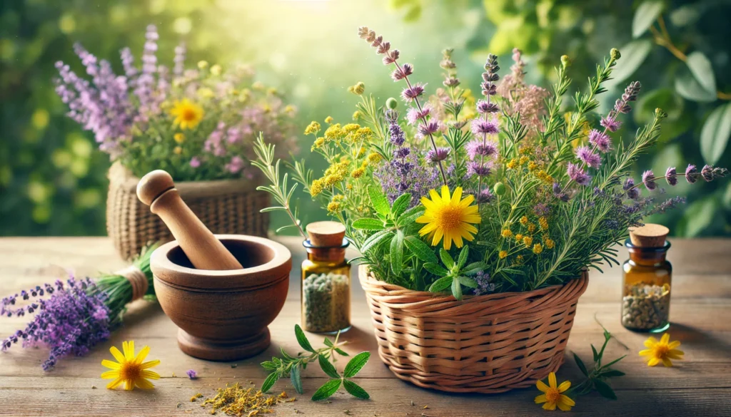 A calming nature-inspired scene featuring freshly picked St. John’s Wort, lavender, and chamomile in a basket. A wooden mortar and pestle with crushed herbs symbolize their medicinal use. Soft green foliage and filtered sunlight enhance the tranquil mood.
