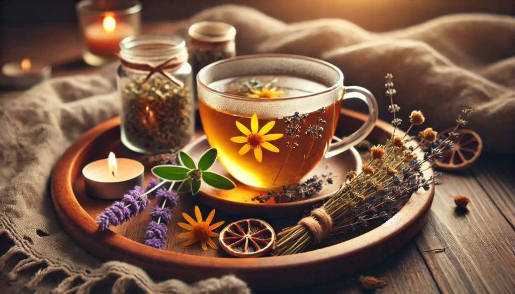 A cozy indoor setting with a warm cup of herbal tea infused with St. John’s Wort, lavender, and chamomile. The tea sits on a wooden tray with dried and fresh herbs scattered around, complemented by candlelight and earthy tones for a soothing ambiance.