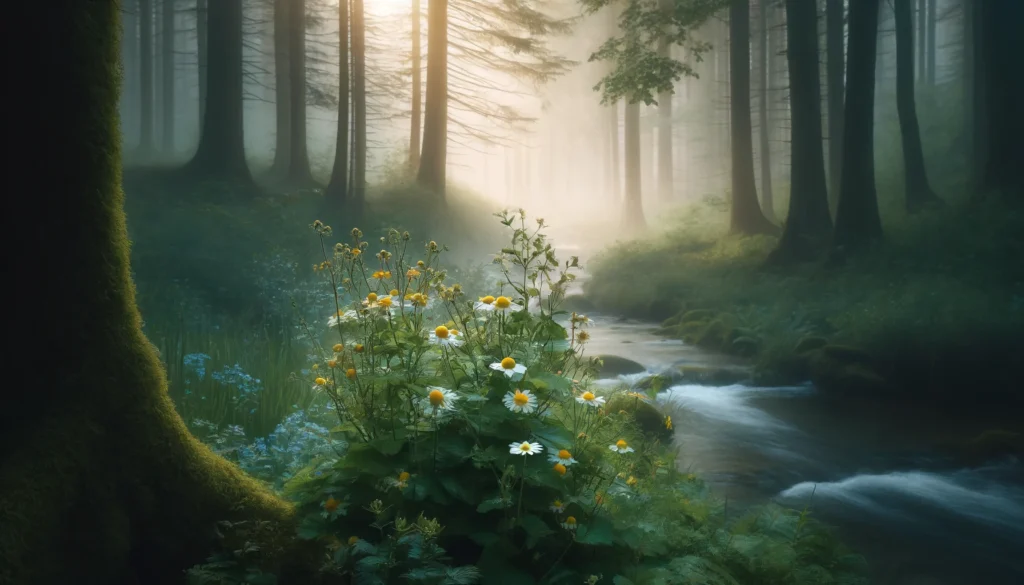 A tranquil forest setting where wild-growing St. John’s Wort and chamomile flowers bask in the soft morning light. A gentle stream and misty air add to the peacefulness, evoking the healing power of nature.