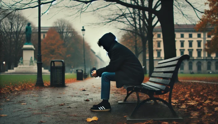 A person sitting alone on a park bench on an overcast day, looking downward with a distant expression. The autumn leaves scattered around enhance the introspective and melancholic mood.