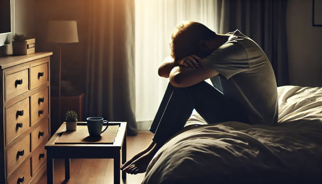 A person sitting on the edge of their bed in a dimly lit bedroom, head in hands, overwhelmed by emotions. A cup of tea remains untouched on the bedside table, highlighting feelings of exhaustion and sadness.