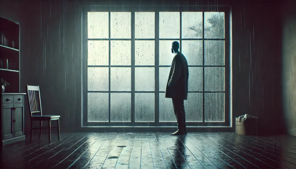 A solitary figure standing by a window on a rainy day, gazing outside with a pensive expression. Raindrops trickle down the glass, adding to the mood of introspection and quiet melancholy.