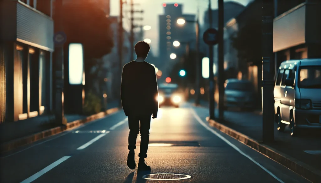 A person walking alone on an empty street at dusk, illuminated by the warm glow of streetlights. Their slightly slouched posture conveys a sense of loneliness and quiet contemplation.
