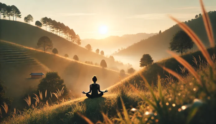 A peaceful outdoor setting with a person practicing yoga on a grassy hill at sunrise. The scene is bathed in soft morning light, surrounded by serene nature.