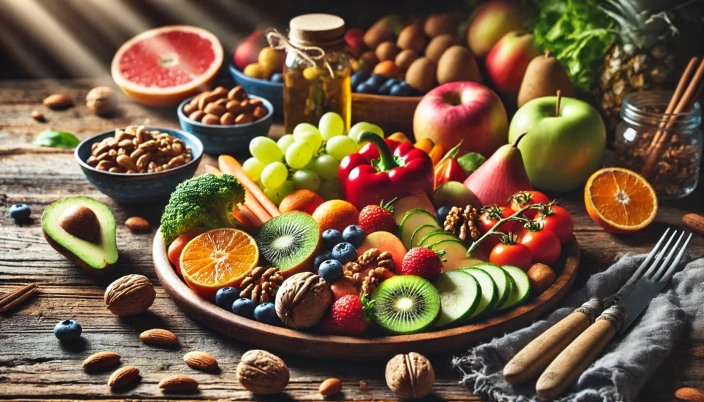 A vibrant plate of fresh fruits, nuts, and vegetables arranged beautifully on a rustic wooden table, illuminated by natural light to highlight their freshness.