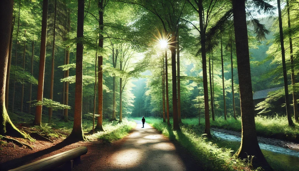 A tranquil forest pathway with sunlight filtering through lush green trees. A person walks leisurely along the path, enjoying the fresh air and peaceful surroundings.
