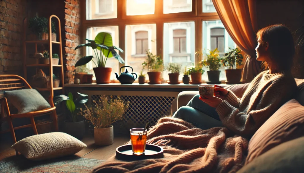 A cozy indoor setting with a person enjoying a cup of herbal tea by a large window. The room is filled with warm light, plants, and a soft blanket, evoking calm and relaxation.