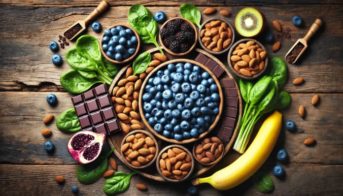A vibrant display of mood-boosting foods, including fresh blueberries, dark chocolate, almonds, bananas, and spinach, arranged on a rustic wooden table. The foods are presented in an appealing way, emphasizing their natural colors and textures.