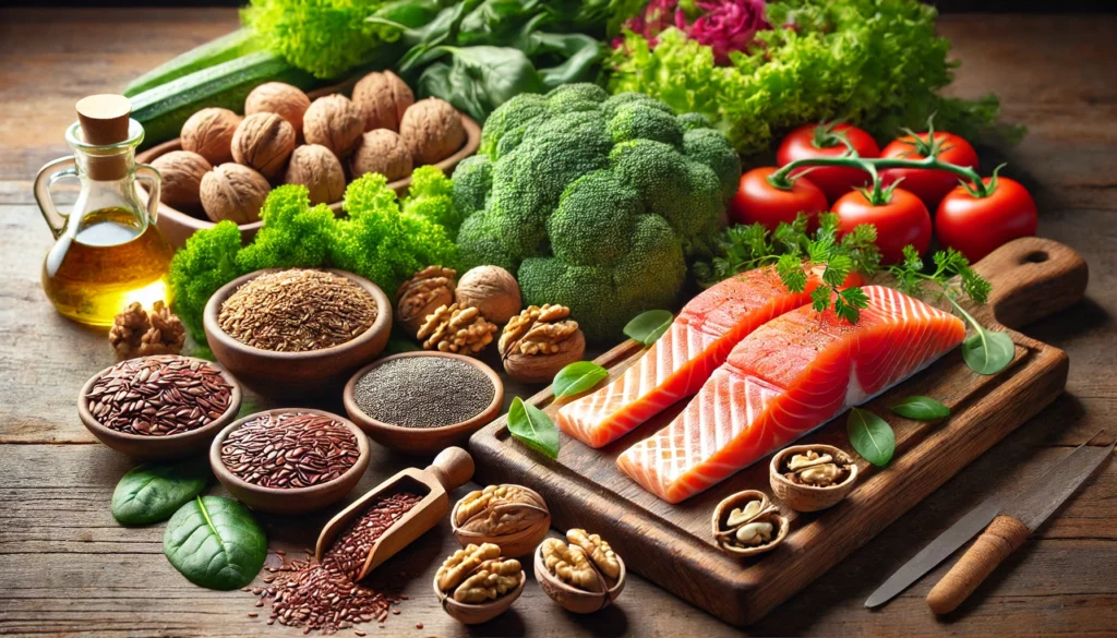 A colorful assortment of omega-3-rich foods, including fresh salmon fillets, walnuts, chia seeds, and flaxseeds, elegantly arranged on a wooden cutting board with a backdrop of fresh greens. The image highlights the rich textures and vibrant hues of these brain-boosting ingredients.