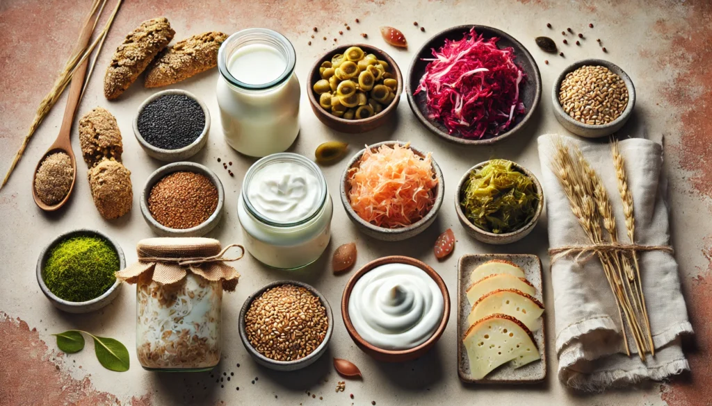 A visually appealing arrangement of probiotic-rich foods, including yogurt, kefir, kimchi, sauerkraut, and miso, set on a neutral-colored surface. The image captures the rich textures and natural colors of these gut-friendly foods, emphasizing their role in mental well-being.