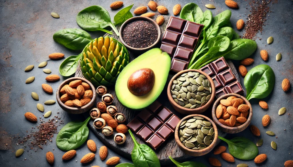 A visually rich composition of magnesium-rich foods, including avocado, dark chocolate, pumpkin seeds, spinach, and almonds, arranged in an aesthetically pleasing manner on a natural stone countertop. The image highlights the vibrant colors and textures of these stress-relieving foods.