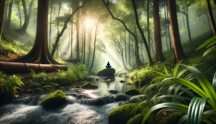 A serene forest with a person meditating on a rock beside a gentle stream, surrounded by lush greenery and soft sunlight filtering through the trees, symbolizing mindfulness and nature's calming effect on mental health.