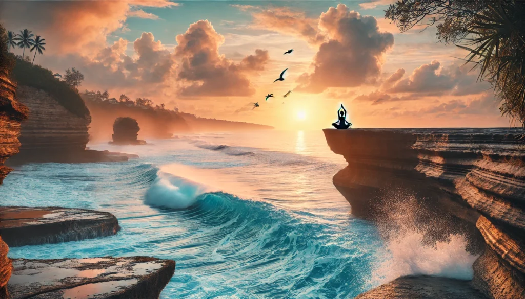 A peaceful coastal scene at sunrise, featuring a person practicing yoga on a cliffside overlooking the ocean, with waves gently crashing below and birds soaring in the sky, representing the healing power of nature and movement for mental well-being