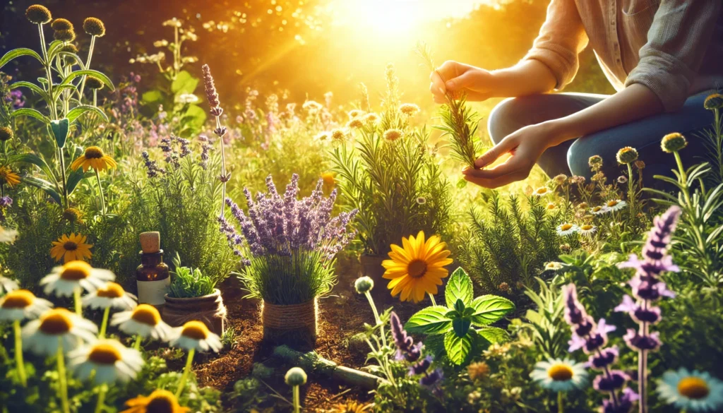 A vibrant herbal garden bathed in golden sunlight, filled with medicinal plants like lavender, chamomile, and rosemary. A person carefully picks fresh herbs, highlighting the use of natural remedies for mental and emotional balance.