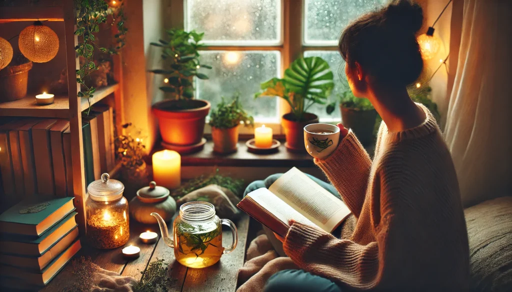 A cozy indoor setting with a person sitting by a window, sipping herbal tea while reading a book. Soft candlelight and surrounding plants create a warm and comforting atmosphere, symbolizing relaxation and natural healing for mental well-being.