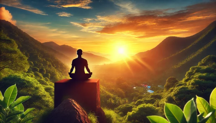 A serene outdoor scene of a person meditating on a mountain peak at sunrise, symbolizing stress reduction and serotonin boost through mindfulness and nature exposure.