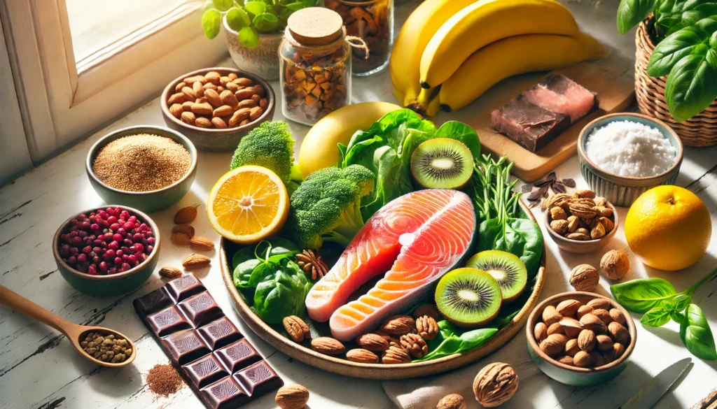 A vibrant plate of mood-boosting foods like salmon, dark chocolate, nuts, bananas, and leafy greens, emphasizing the role of nutrition in serotonin production.