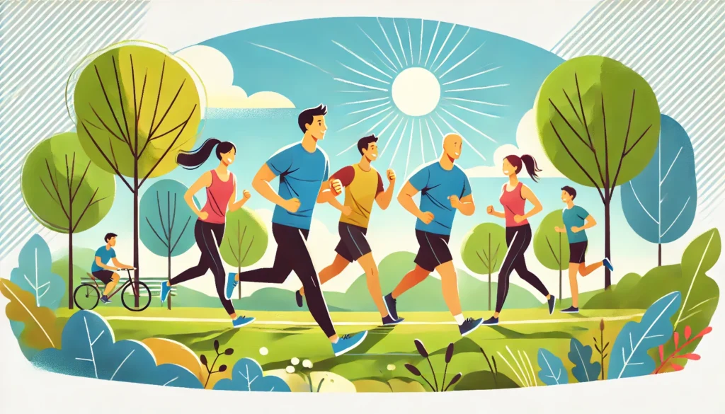 A group of people jogging in a scenic park, illustrating how physical activity enhances serotonin levels and overall mood.
