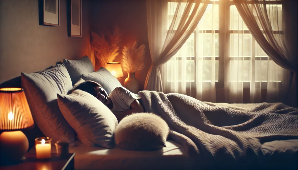 A cozy bedroom with soft lighting, a peaceful sleeping person, and a relaxed atmosphere, highlighting the importance of sleep in mental well-being.